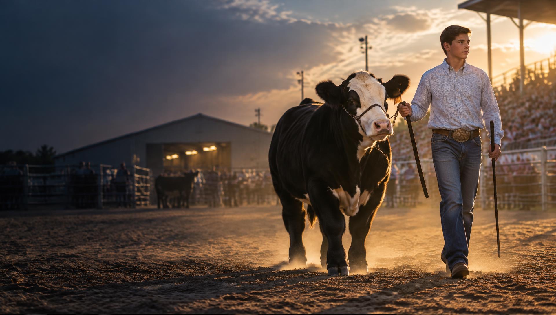 Junior exhibitor leading a fitted show steer into the ring at golden hour